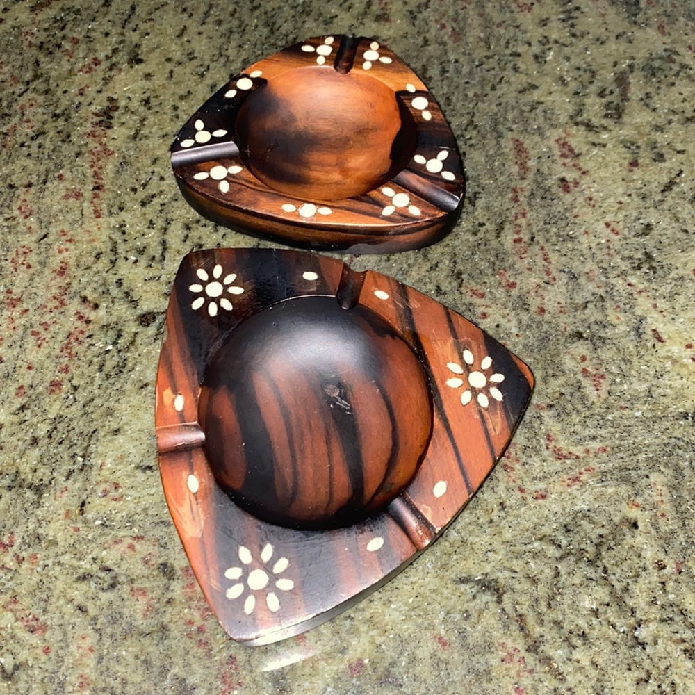 1970’s Wood With Inlay Ashtrays Made in the Philippines Vintage